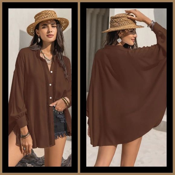 Lovely Rosetta Tops - Mocha Lace Affair Button Shirt